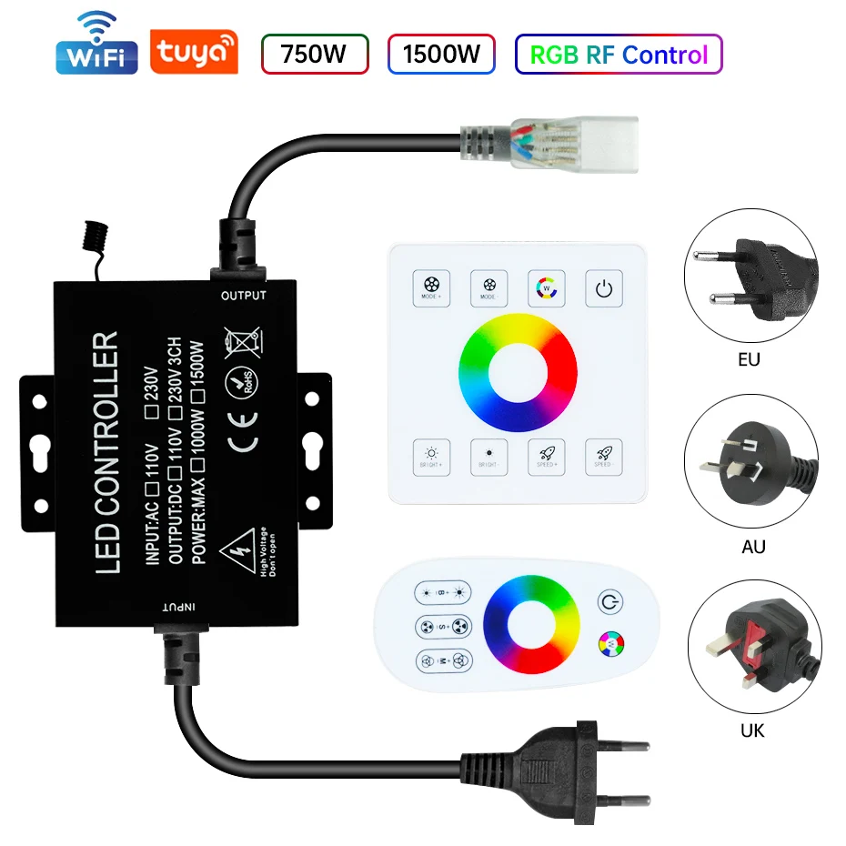 Smart Tuya WiFi & RF RGB 4Pin Controller 220V 750W-1500W EU/AU/UK Power Plug for LED Neon Strip Light with IR Remote Control