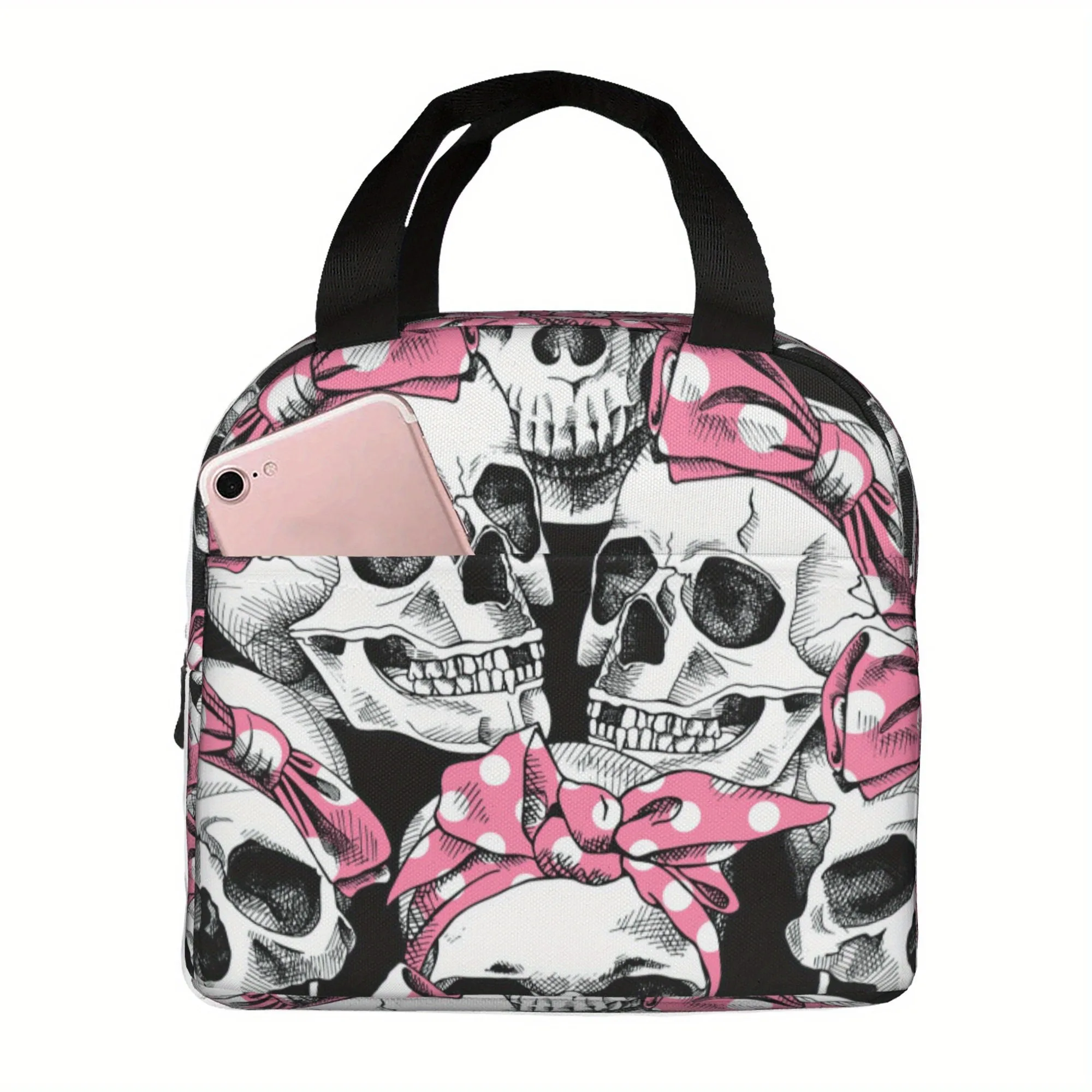 Skull Pink Polka Dot Bow Insulated Lunch Bag Durable Reusable Cold Chain Picnic Tote