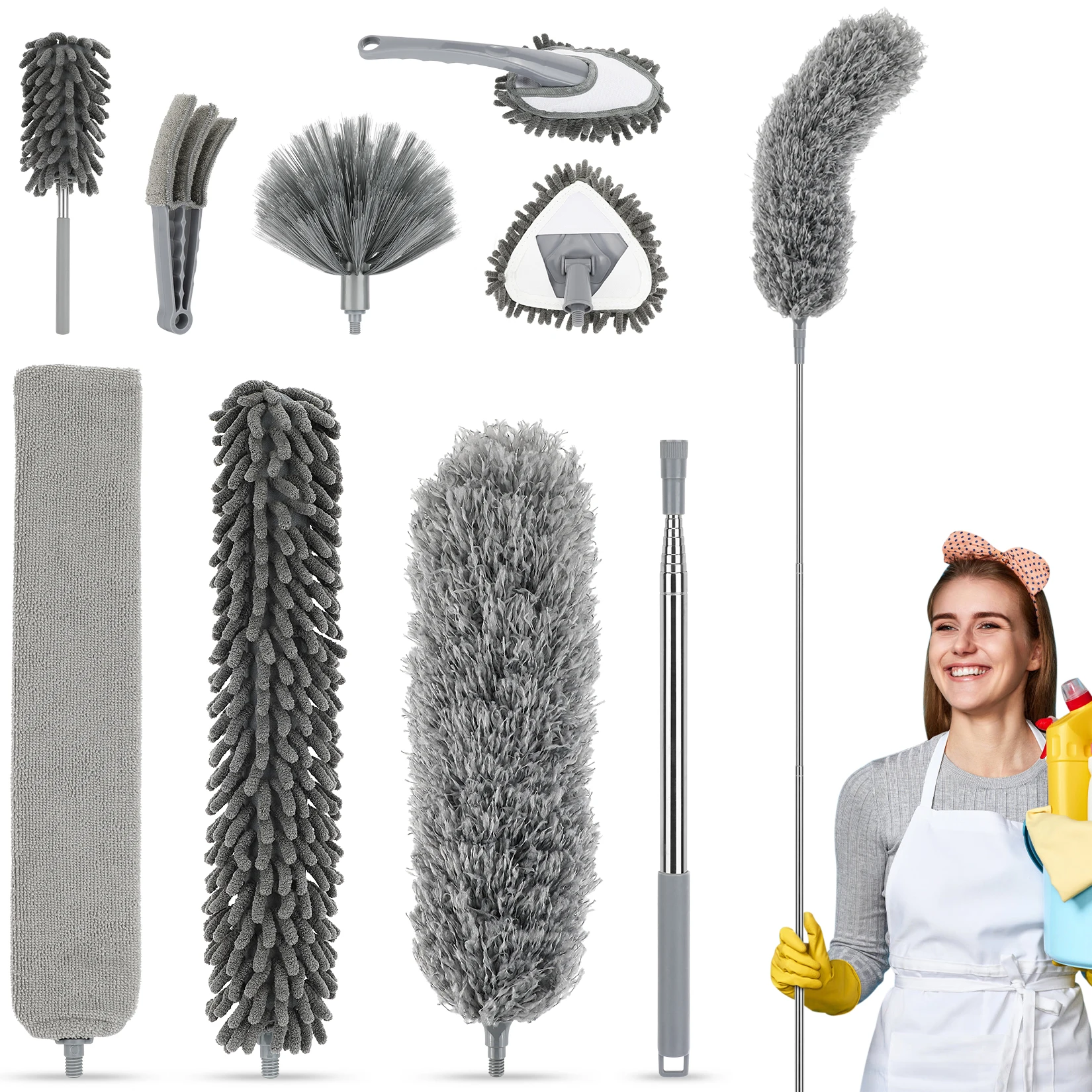 Microfiber Feather Duster 9PCS for Cleaning Fan, High Ceiling, Blinds, Furniture, Car Extendable Feather Duster Extension Pole,