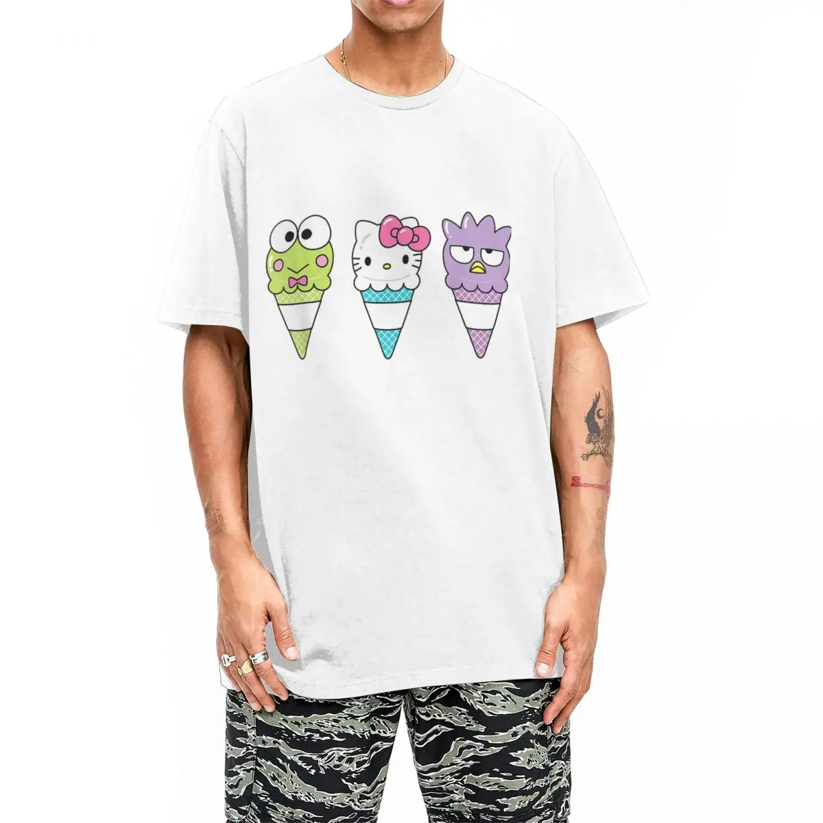 Men Women T-Shirt Keroppi Hello Kitty Badtz Maru Creative 100% Cotton Tees Short Sleeve T Shirt Crewneck Tops Graphic Printed