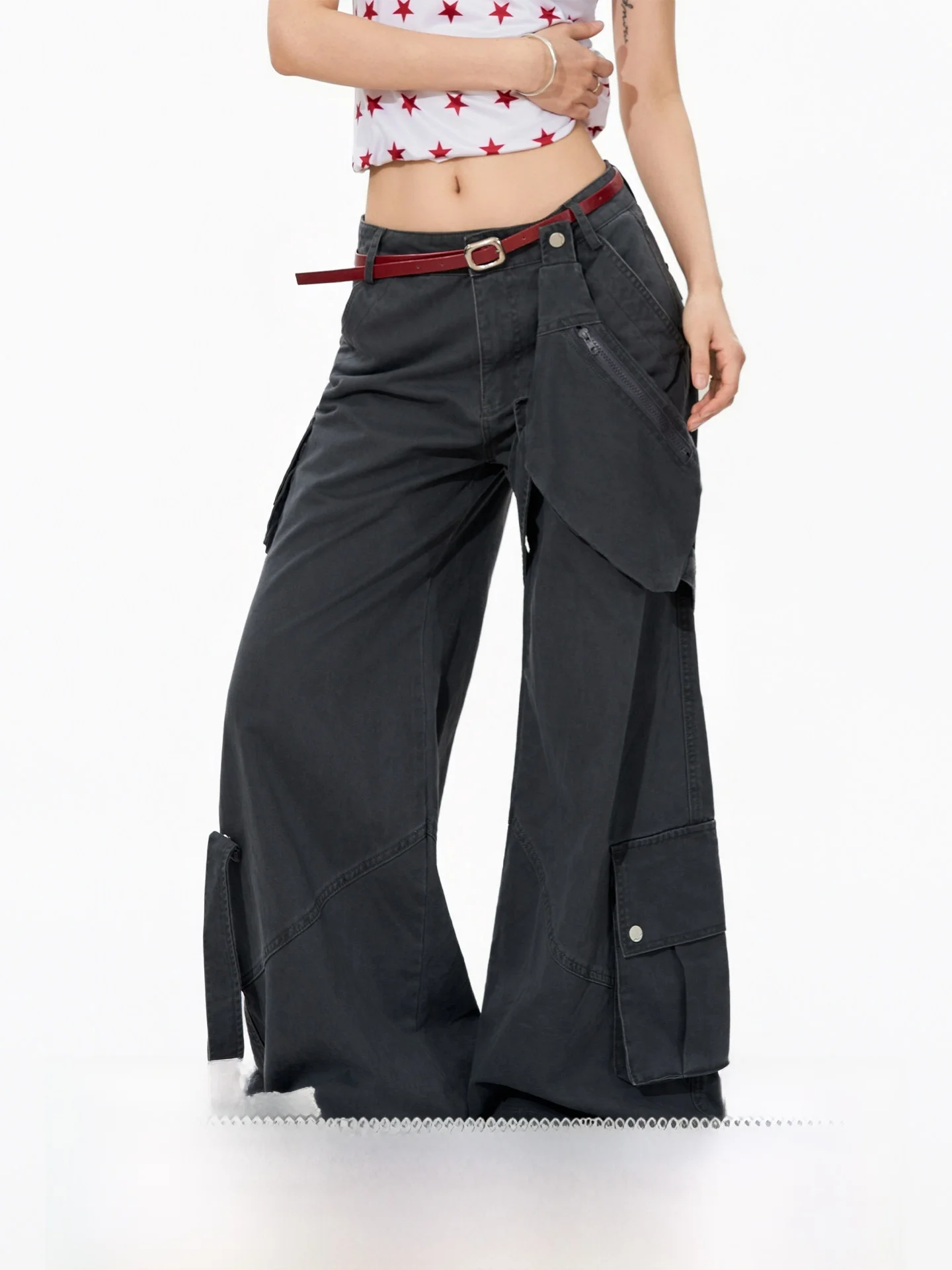 

Removable Waist Bag Wide Leg Work Pants Loose Straight Cut Design Unisex Casual Trousers Cotton Pure Color Natural Waist