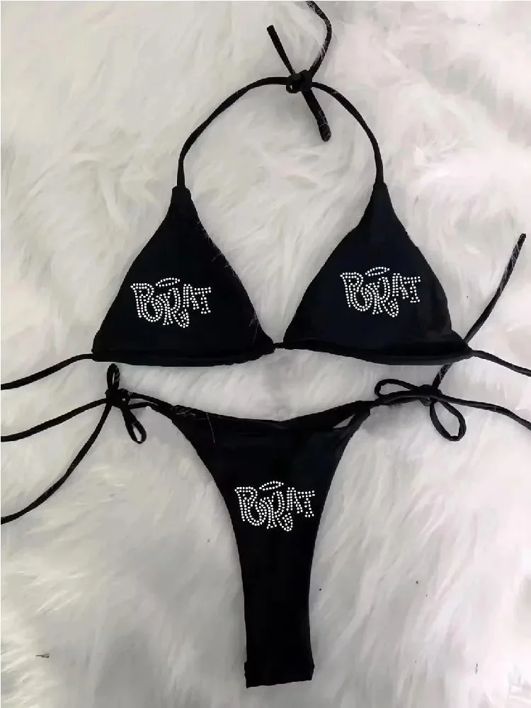 Sexy Gothic Hot  Diamond Bikini Set Lolita Bikini Y2K Clothes Fashion Top Y2K Clothing Set  Beach  Summer Street Wear Emo