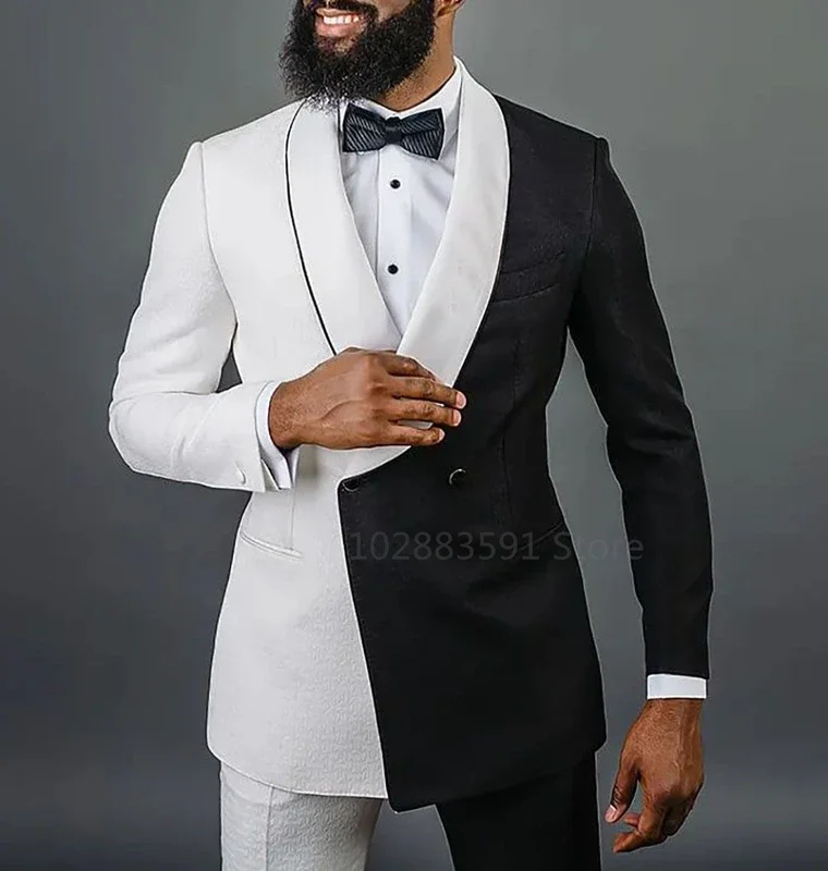 2 Pieces Newest Splicing Colors  Men Suits Set  Wedding Groom Tuxedo White Black Blazer+Pants Prom Dress Coat