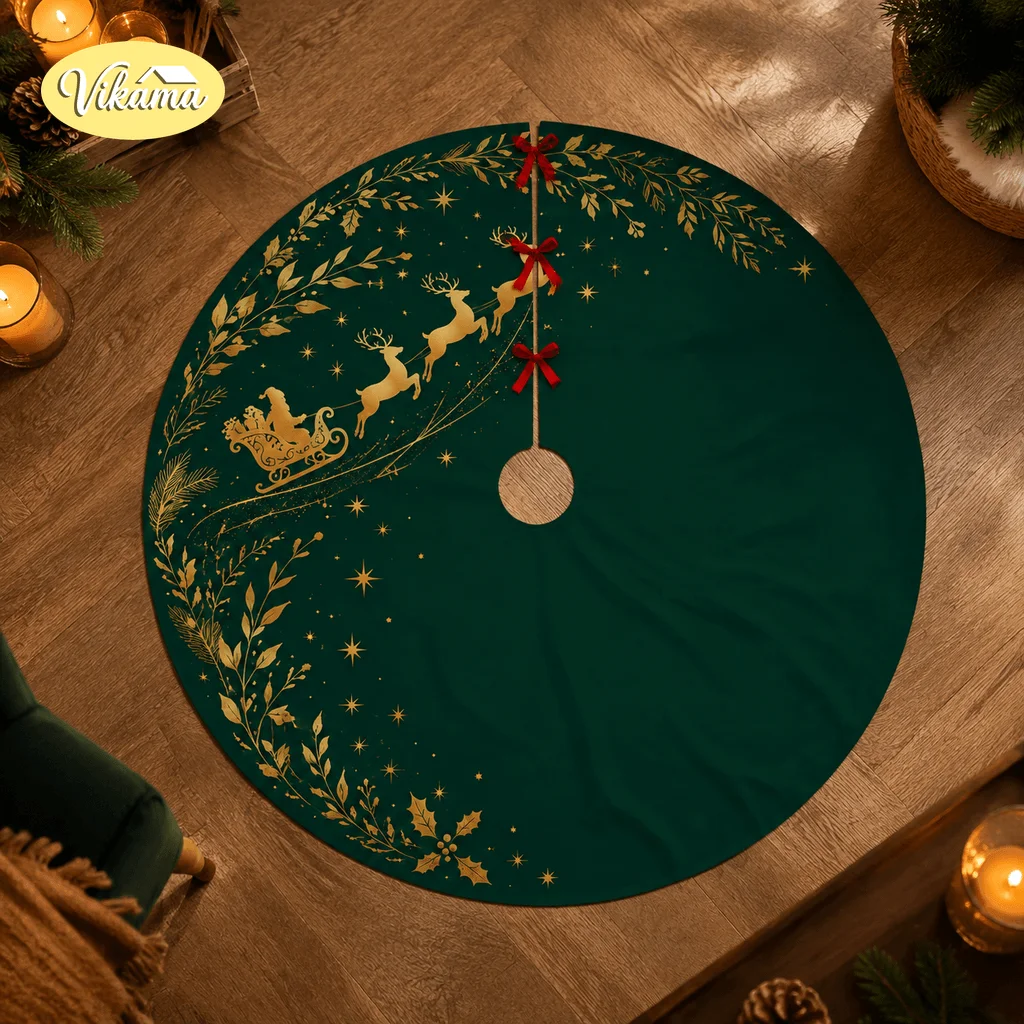 Christmas Tree Skirt Navy Gold Leaping Reindeer Holly Berries Stars, Tree Base Cover for Cozy Holiday Home Decor