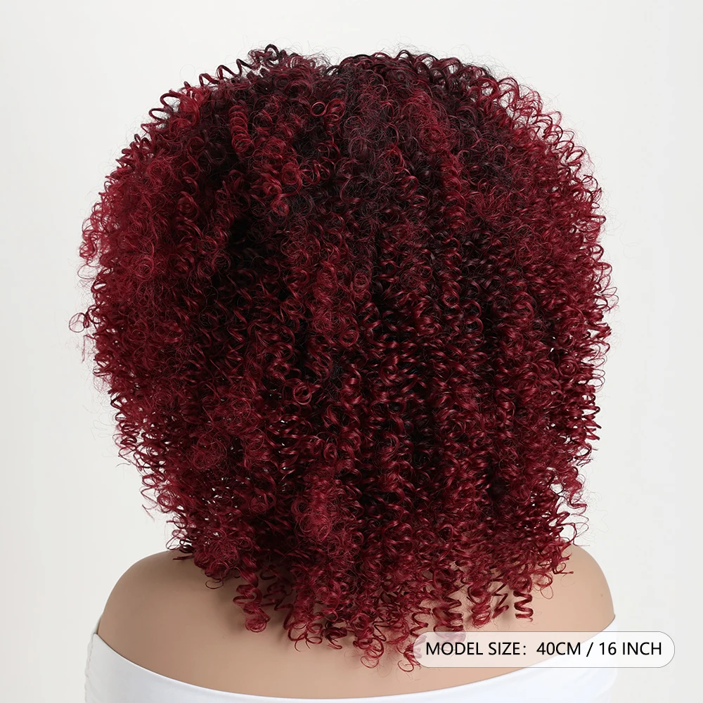 Pelucas sintéticas rizadas cortas de 16 pulgadas para mujeres negras, peluca roja de vino degradado rojo profundo suave con flequillo adecuada para disfraces de uso diario
