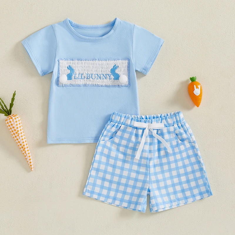 2024-12-04 Lioraitiin Toddler Baby Girl 2Pcs Easter Outfits Short Sleeve Tops And Plaid Shorts Set Spring Clothes