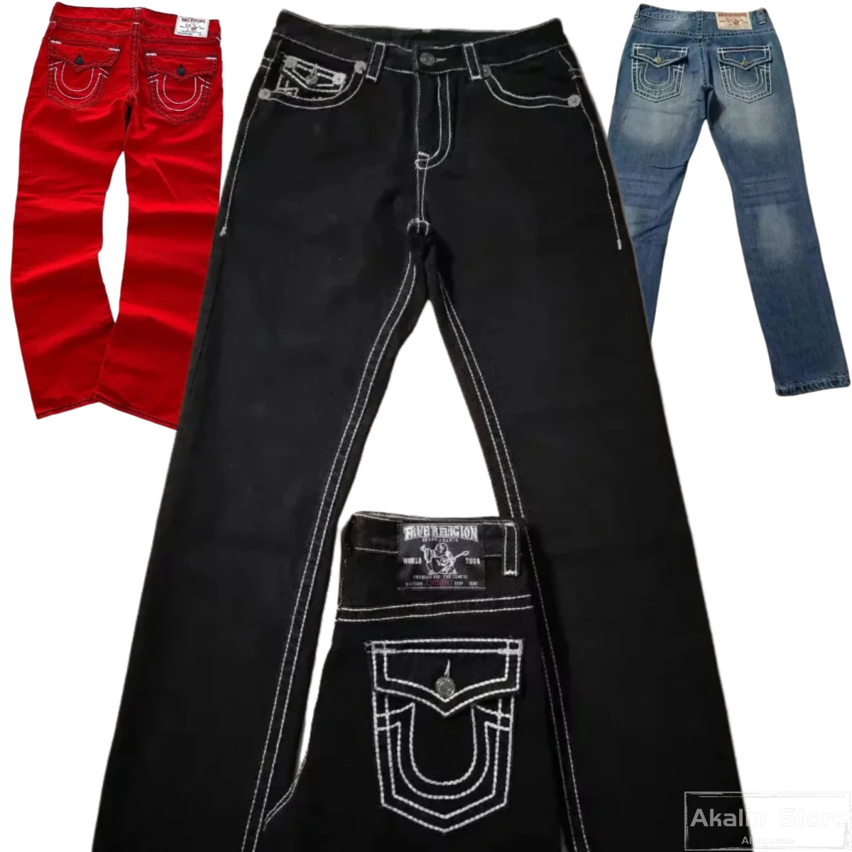 

Harajuku Ретро 90-х годов True Religion Прямые джинсы Мужские Y2k Street Прямые мешковатые джинсы Мужские повседневные свободные джинсовые брюки унисекс