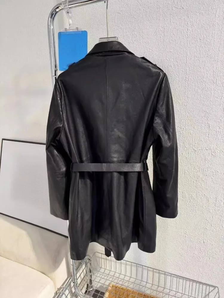 Cappotto da donna in vera pelle da ufficio Giacca a vento auto-coltivazione Cintura che abbraccia la vita Giacca medio lunga in pelle di pecora Casual da donna