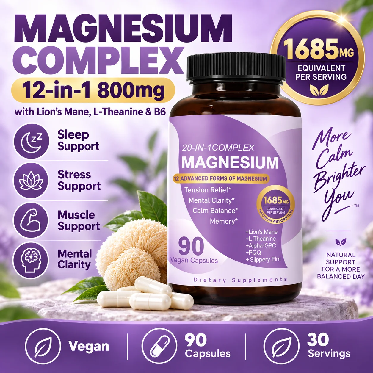 Magnesium Complex 20-in-1 800mg with Lion's Mane, L-Theanine & B6 for Sleep, Stress, Muscle & Mental Clarity, Vegan, 90 Capsules