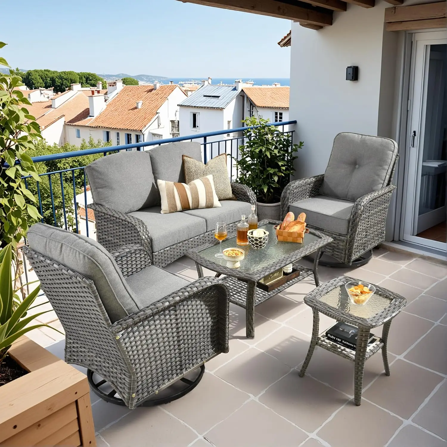 *u-Patio Furniture Set,5 Pieces Outdoor Conversation Set,All Weather Wicker Loveseat Sofa Set With High Back Swivel, Customized