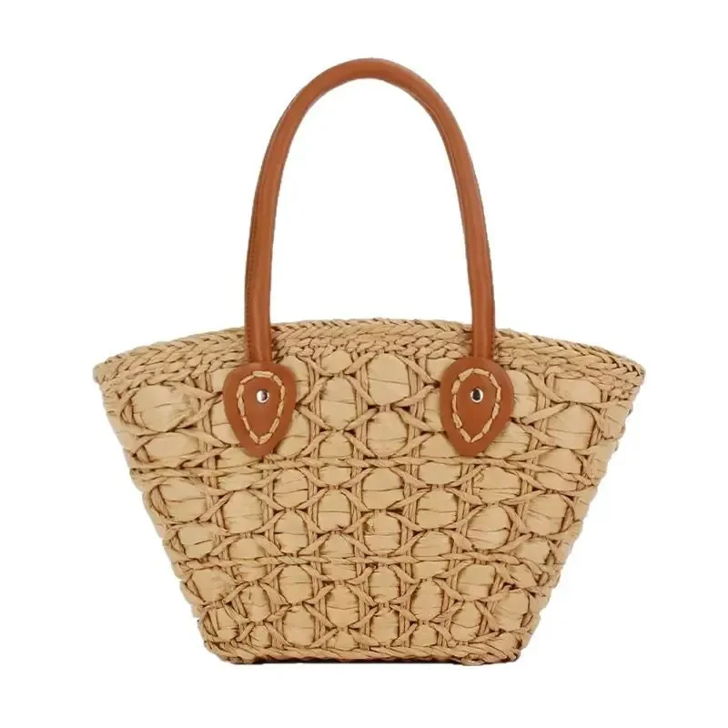 Retro European American woven straw tote bag for women beach handbag large capacity vegetable basket shoulder bag view 5