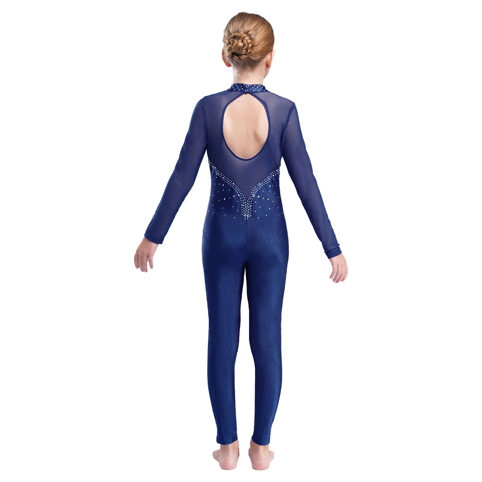 ชุดลีโอตาร์ดเด็กผู้หญิง ประดับคริสตัลวิบวับ สำหรับยิมนาสติก ฟิกเกอร์สเก็ต บัลเลต์ เต้นรำ ชุดจั๊มสูทแขนยาว สำหรับการแสดง