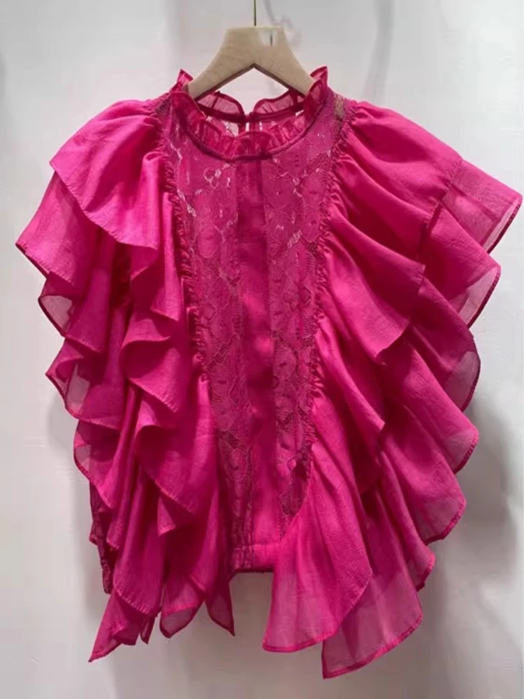 Summer New Lace Splicing Ruffles Short Sleeve Loose Shirt Women Sexy Hollow Fashion Versatile Temperament Stand-up Collar Top