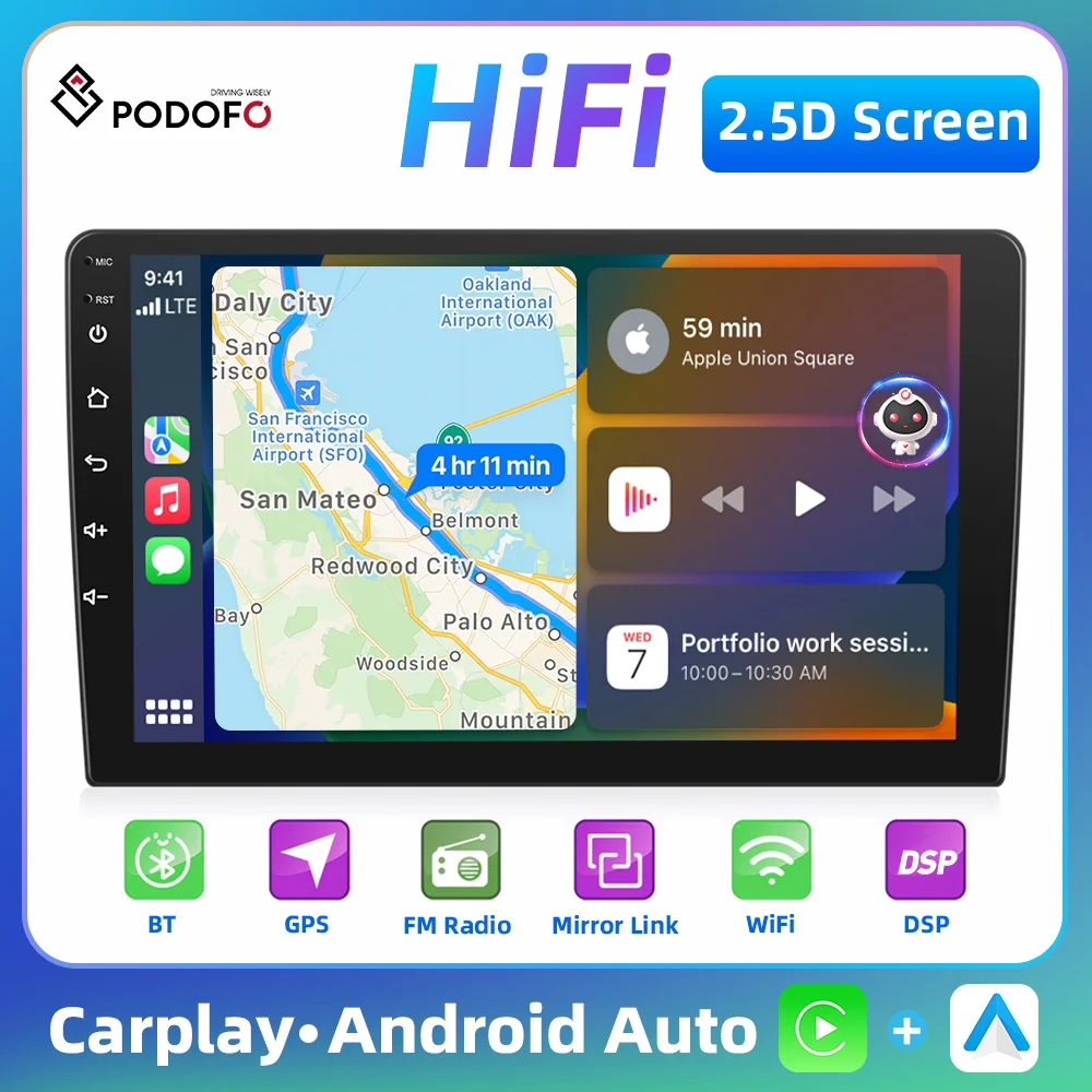 Podofo Android 10.1'' Car Radio Stereo 8-core 8+128G AI Voice Carplay Android Auto 4G WIFI DSP GPS Navigation Head Unit Audio