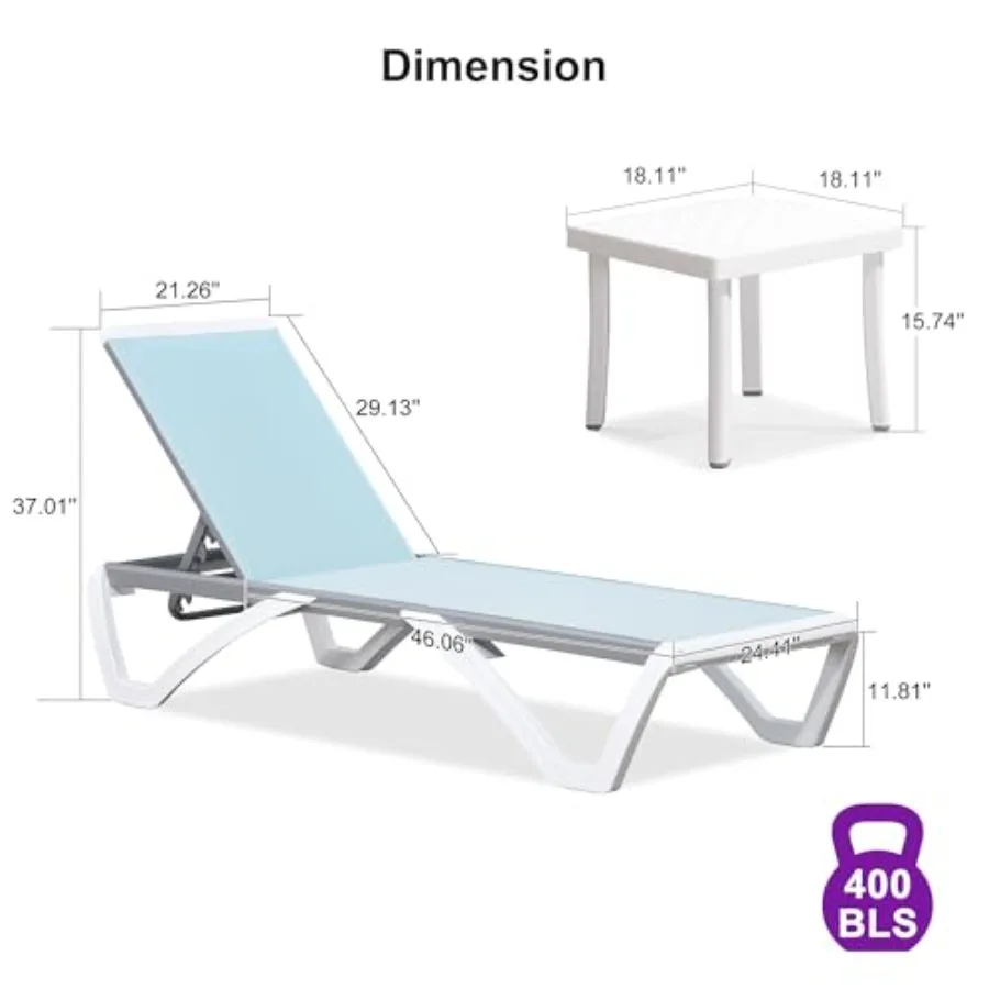 Patio Chaise Lounge Set of 3 with Table, PP Plastic Frame and Textilene Fabric, Light Blue 6 Reclining Positions, Stackable, Br