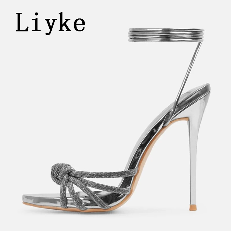 Liyke Elegant Party Sandals Female Rhinestones Narrow Band Open Toe Ankle Cross Lace Up High Heels Stiletto Wedding Shoes Women