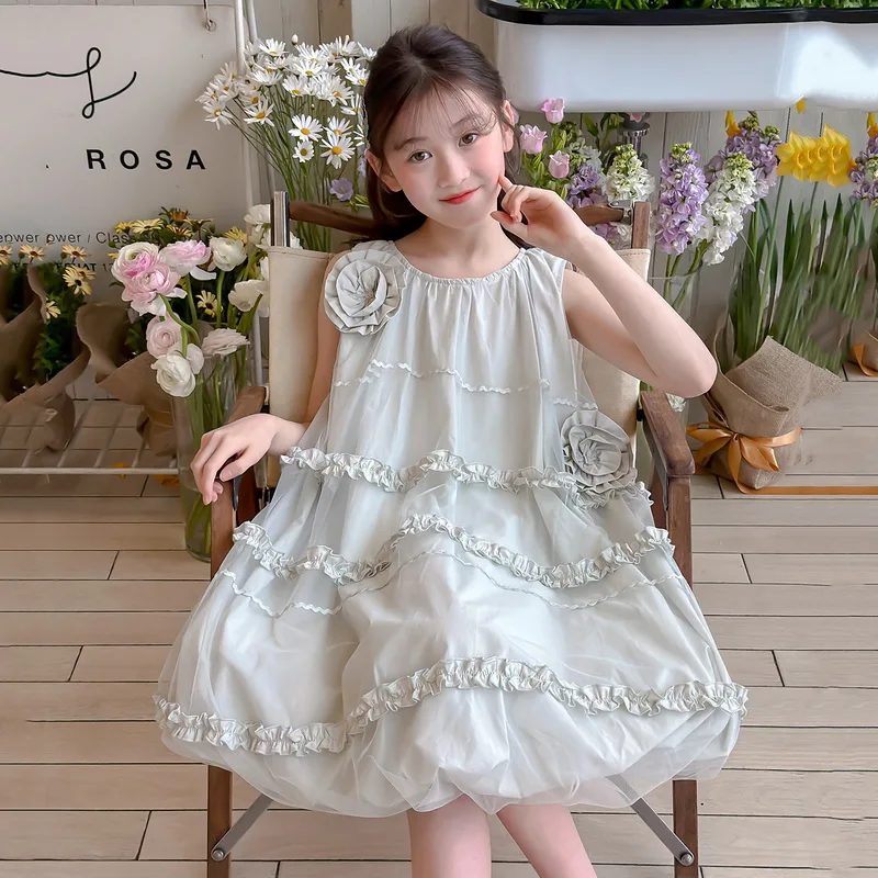 Sweet Girl's Summer Flower Bud Dress Strap A-Line Skirt Primary School Student Fashionable Midi Skirt Kids Princess Dress Trendy