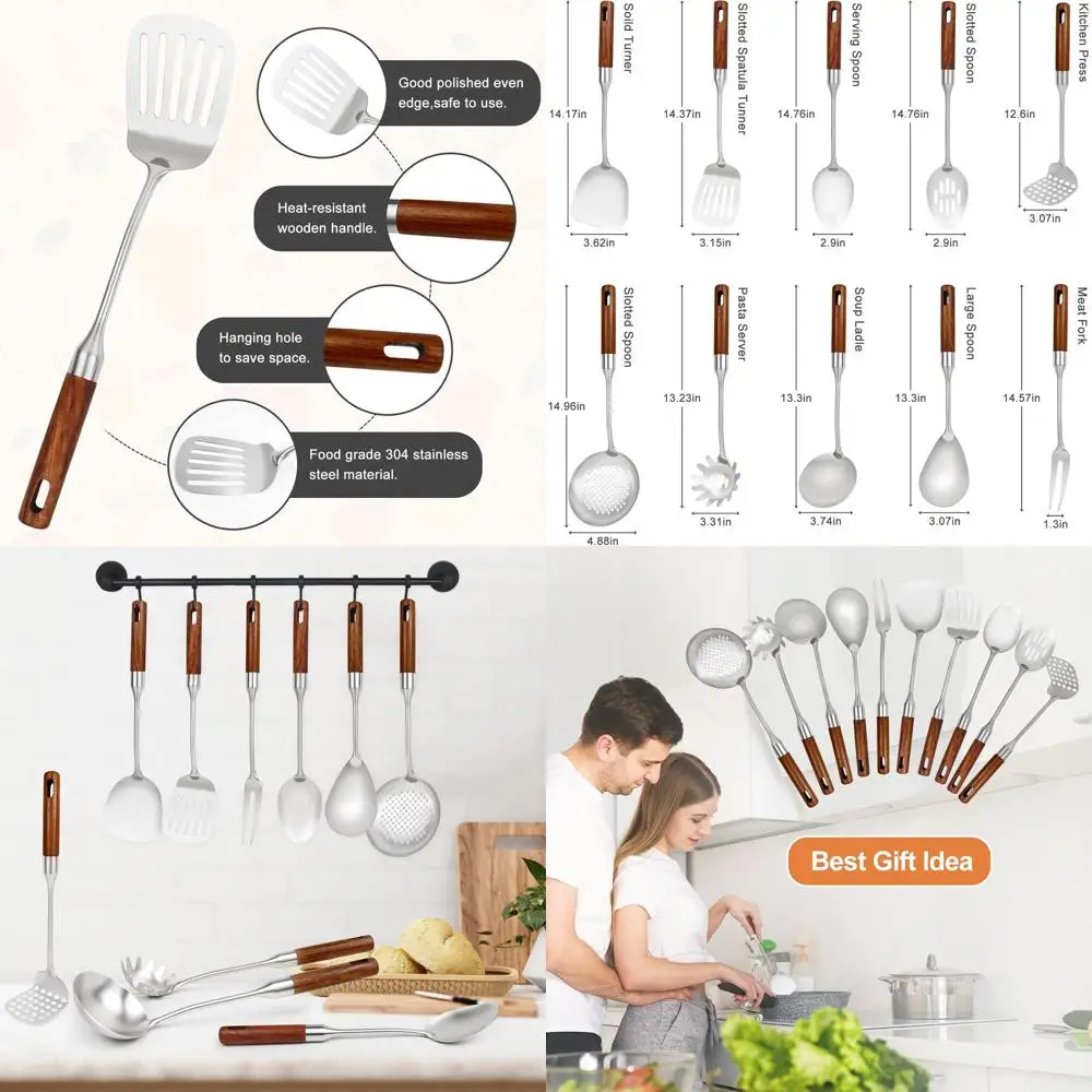 

Набор кухонных инструментов из 10 предметов из нержавеющей стали с деревянными ручками, термостойкая кухонная утварь для вока (12-15 дюймов)
