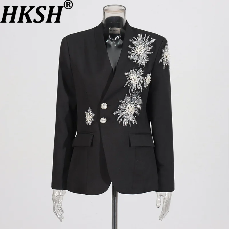 HKSH Primavera Autunno Nuove donne Blazer scollo a V monopetto asimmetrico in rilievo con paillettes tendenza elegante giacca cappotto di fascia alta HK16436