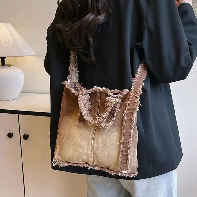 

Women's Denim Tote Bag Large Capacity Soft Frayed Edge Crossbody Bag Versatile Female Single Shoulder Bag Fashion Handbags