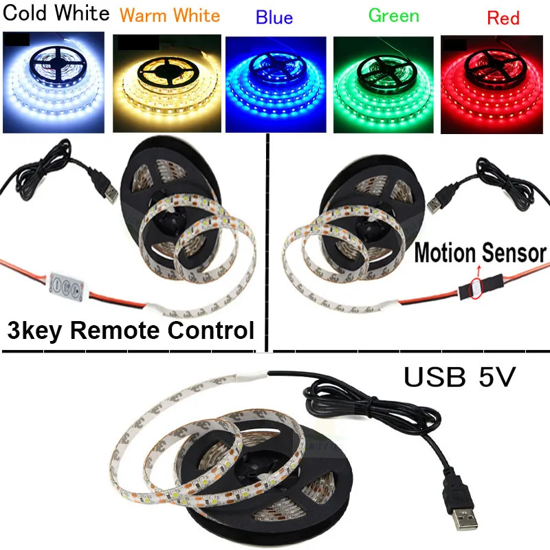 5v led strip rgb 1m 2m 3m 4m 5m white 6000k Dimmer Controller Lights Lighting tape TV room 5mm 8mm usb motion sensor led light