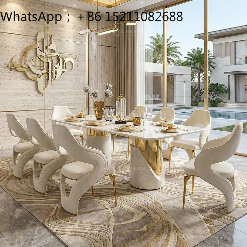 LLY light luxury marble dining table high-end dining room furniture gold stainless steel dining table