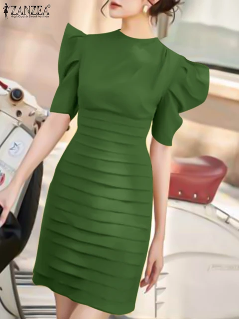 ZANZEA Damska Letnia Sukienka Plisowana Modna Bufiaste Krótkie Rękawy Imprezowa Klubowa Vestidos Sexy Dekolt O-Neck Eleganckie Sukienki Wyszczuplające