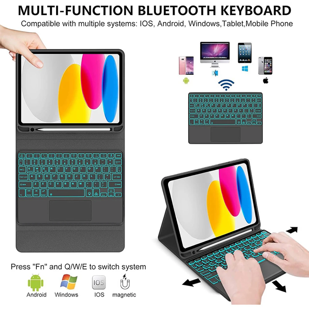 حافظة لوحة مفاتيح لجهاز iPad الجيل العاشر 10.9 بوصة، حافظة لجهاز iPad 11 بوصة A16 2025 مع فتحة قلم ولوحة مفاتيح بإضاءة خلفية