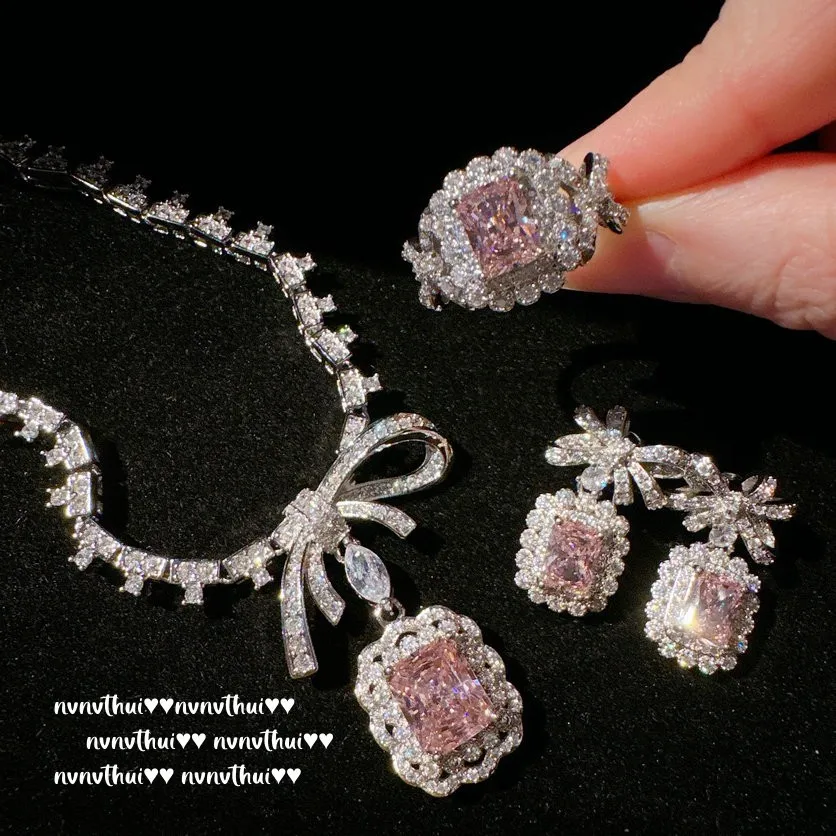 Sparkling Pink Bowknot Bridal Crystal Jewelry Set Female 925 Silver Color Luxury Elegant Wedding Banquet Ring/Earring/Necklace