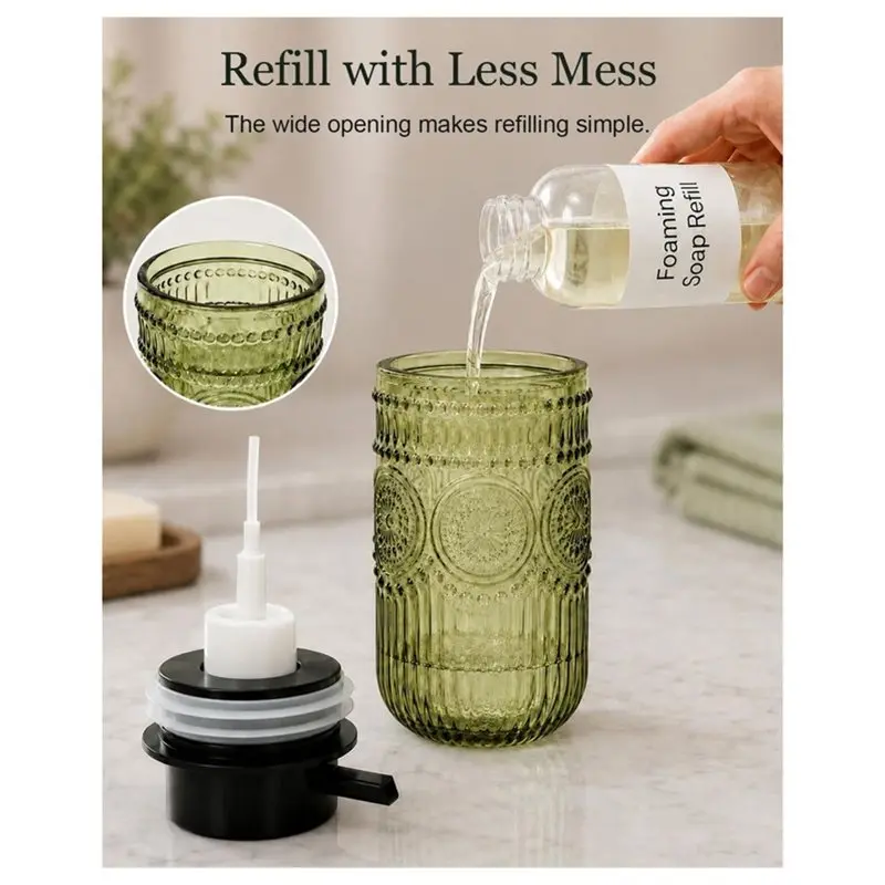 A95I-Refillable Hand Wash Foam Soap Dispenser 14 OZ, Vintage Embossed Green Glass With Black Pump For Bathroom& Kitchen