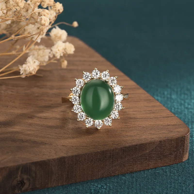 China Style Copper Gold-Plated Inlaid Green Natural Jade Ring Covered White Zircon Crystal Rings for Women Hand Finger Jewelry