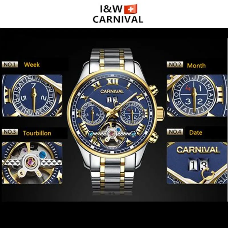 Carnival Tourbillon Hot Automatic Mechanical Brand Men\'s Watches Fashion Army Sports Waterproof Luminous Watch Luxury Full Steel