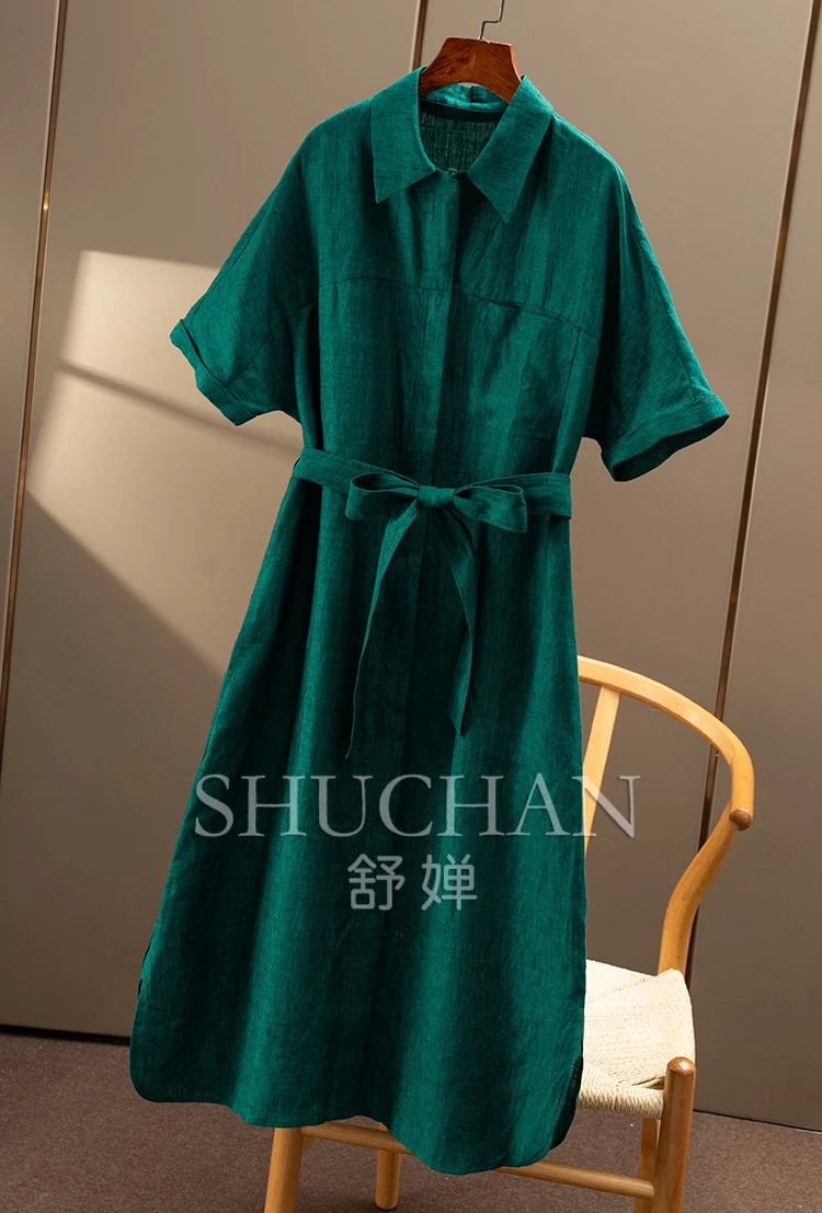 Verde, Francese 100% lino Vita Camicia a maniche corte Abito Donna 49C7 Abiti De Mujer Elegantes Para Fiesta 2025