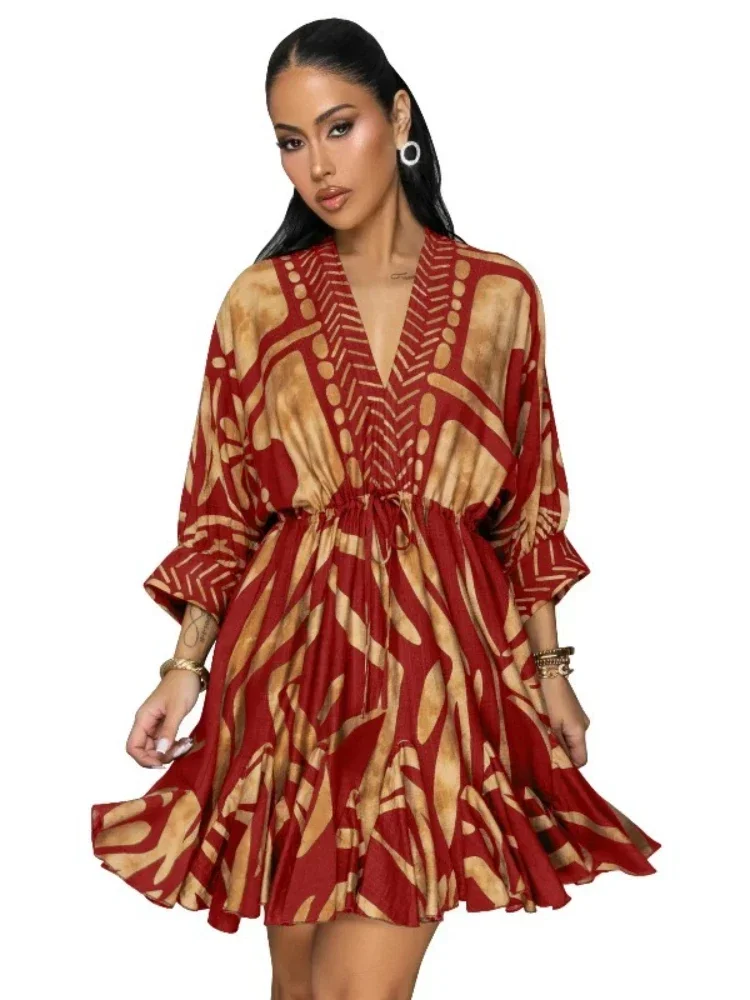 Gaun Afrika untuk Wanita Fashion Dashiki Lipit 2025 Musim Panas Musim Gugur Jubah Kerah V Lengan Panjang Gaun Midi Pesta Afrika Elegan