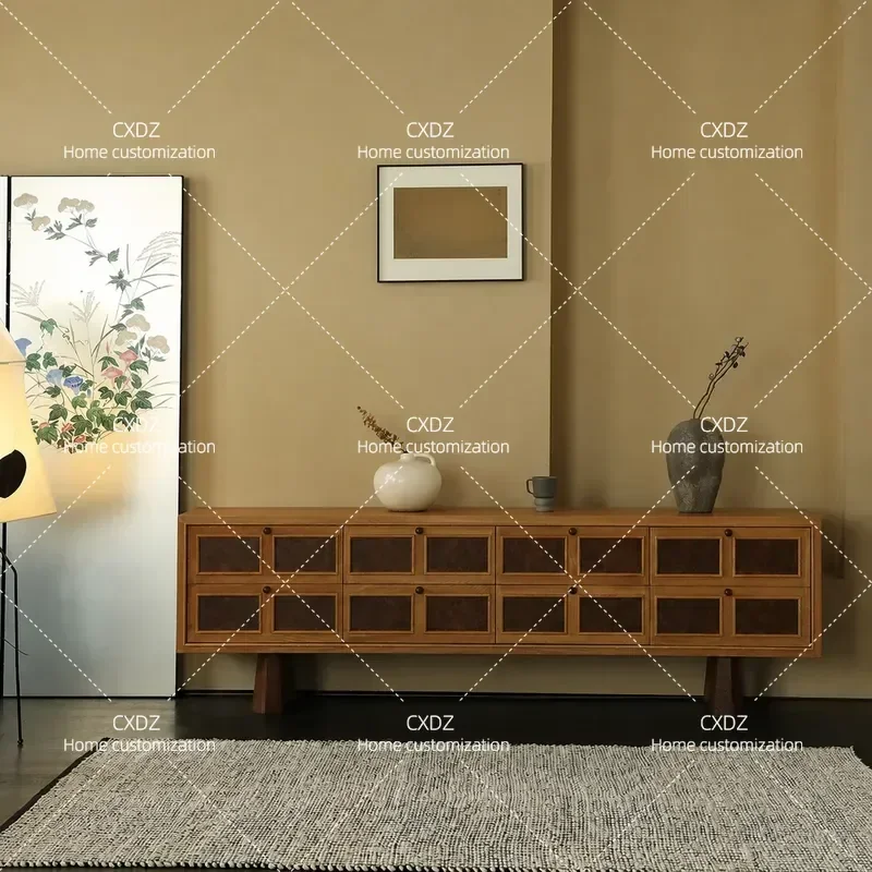 Medieval Style Solid Wood TV Cabinet Ash Wood Low Audio Visual Cabinet Retro Living Room Furniture