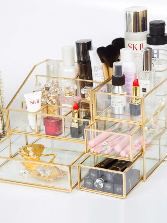 

Элегантный европейский стеклянный настольный органайзер для косметики, подставка-держатель для спальни и гостиной, прозрачный, с обзором