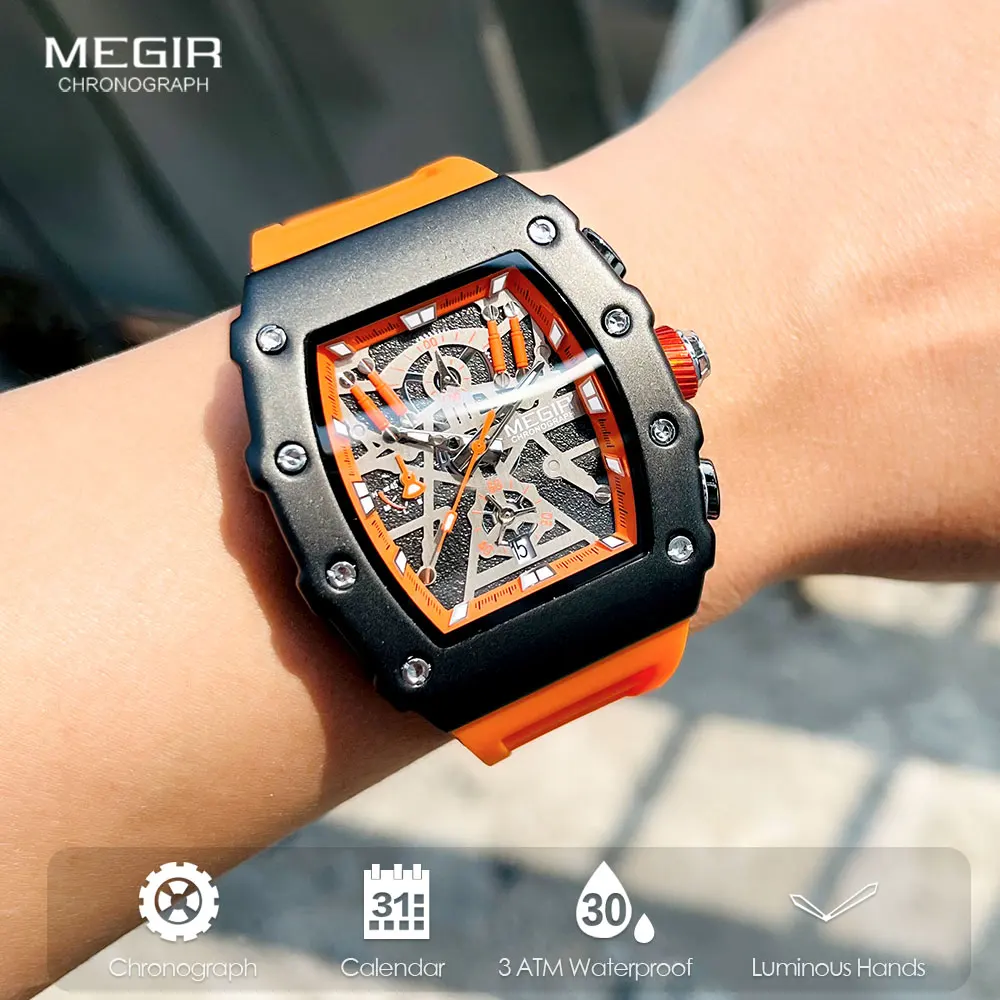 MEGIR Military Sport Orange Silikon Band Quarz Uhr Herren Mode Leuchtenden Tonneau Zifferblatt Chronograph Armbanduhr mit Datum 2218