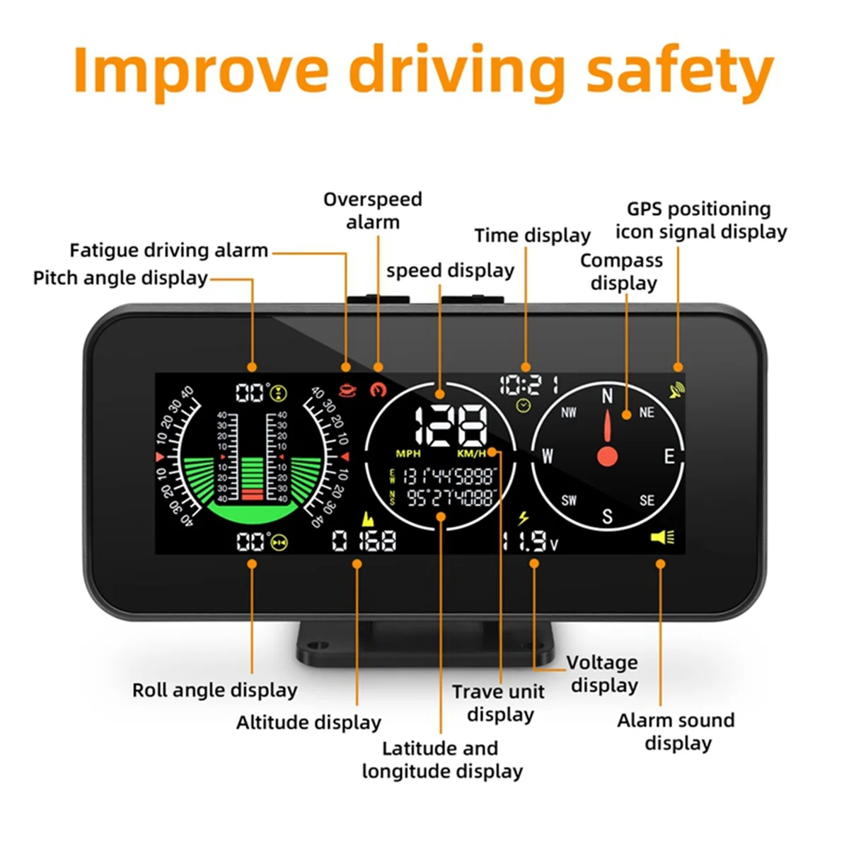 T85C รถ HUD Up จอแสดงผล Inclinometer เข็มทิศ Speedometer GPS Overspeed ALARM ความเร็วดิจิตอล Slope เมตรอะไหล่รถยนต์