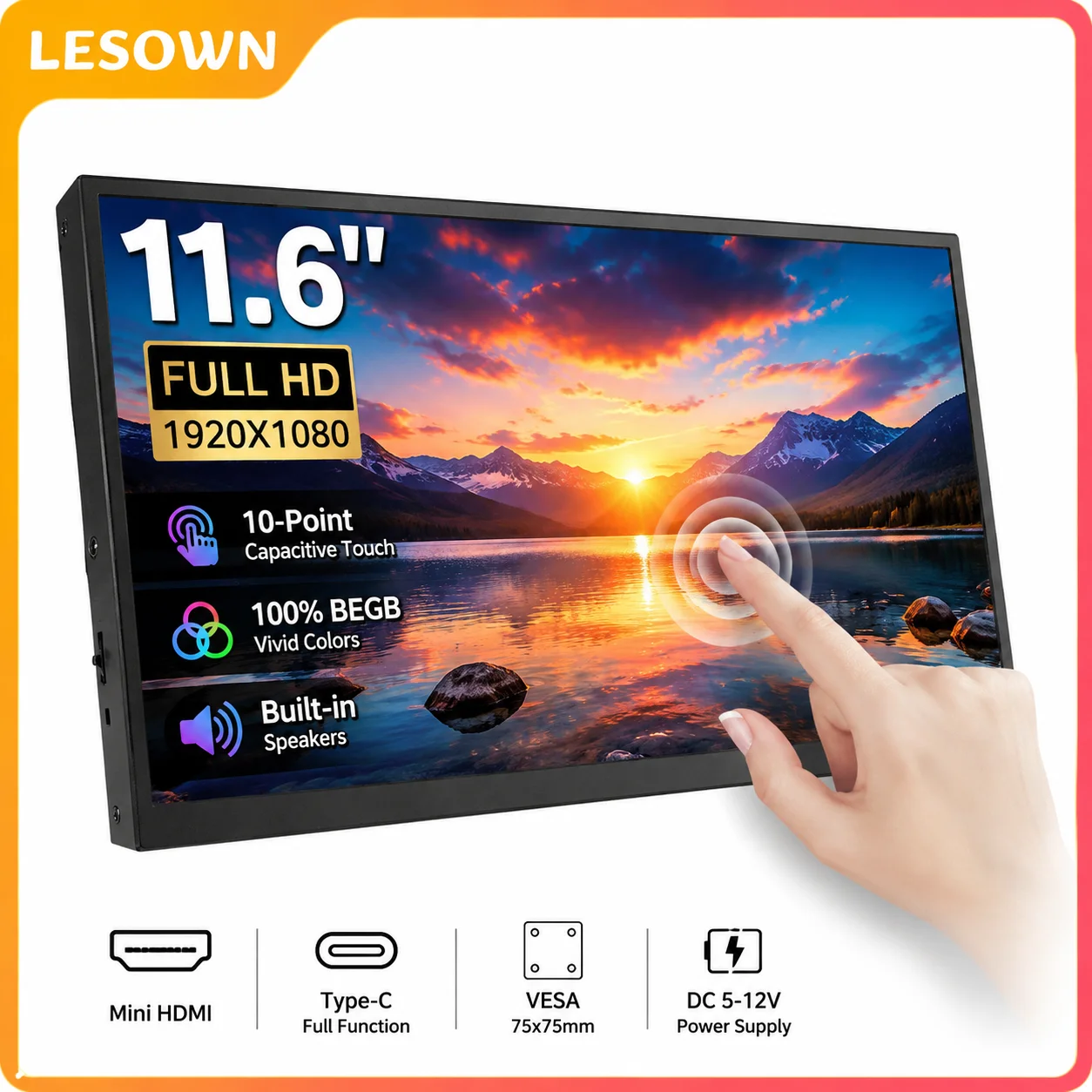 

LESOWN 11.6 Inch Portable Monitor 1920x1080 IPS Touchscreen Driver-free Travel Display with Speakers for Laptop