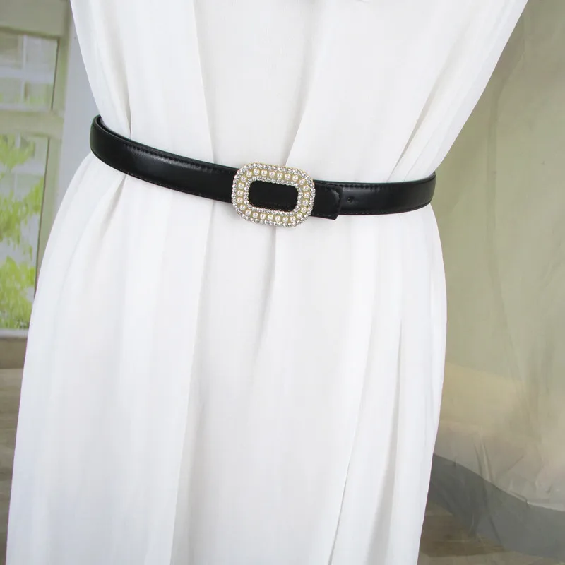 

Женский кожаный ремень с кристаллами и жемчугом, индивидуальный стиль, декоративный пояс из сплава, платье, тонкий ремень, ремни для женщин
