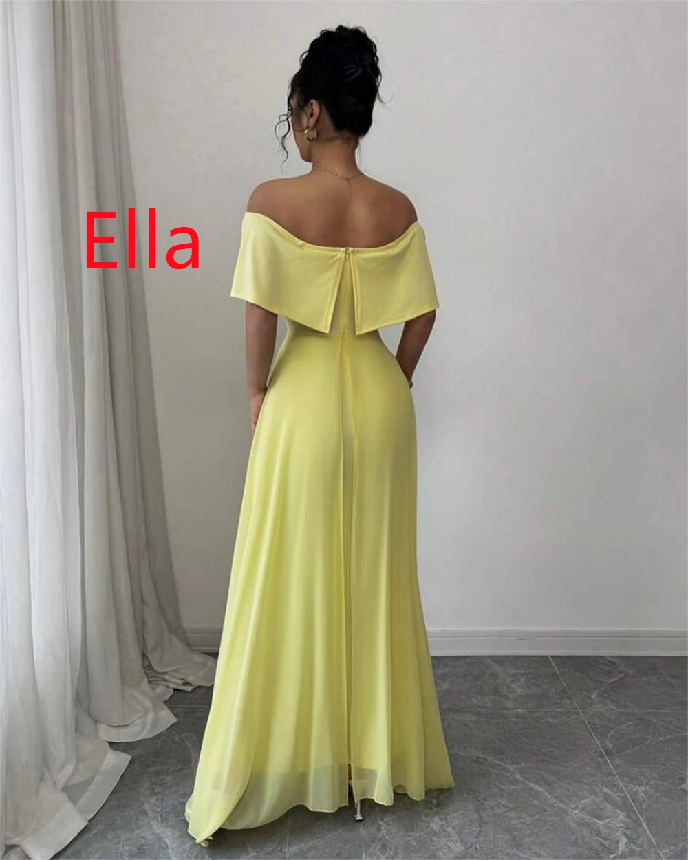 

Customized Exquisite Yellow Jersey Evening Dress Graceful Strapless Off the Shoulder Short Sleeves Zipper Back Homecoming Dress