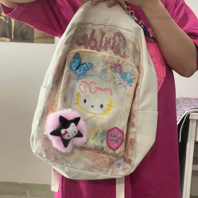 Sanrio Hello Kitty nowe torby Vintage kreatywne mody plecaki Y2k dziewczyna słodka podwójna torba na ramię kobiety malowane plecak kreskówka