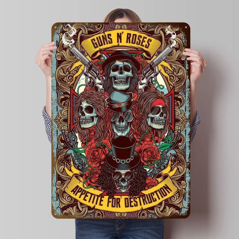 Guns N' Roses Skull Tinplate Posters Customizable Wall Art Retro Vintage Metal Signs for Home Room Office Decor Wand Deko Items