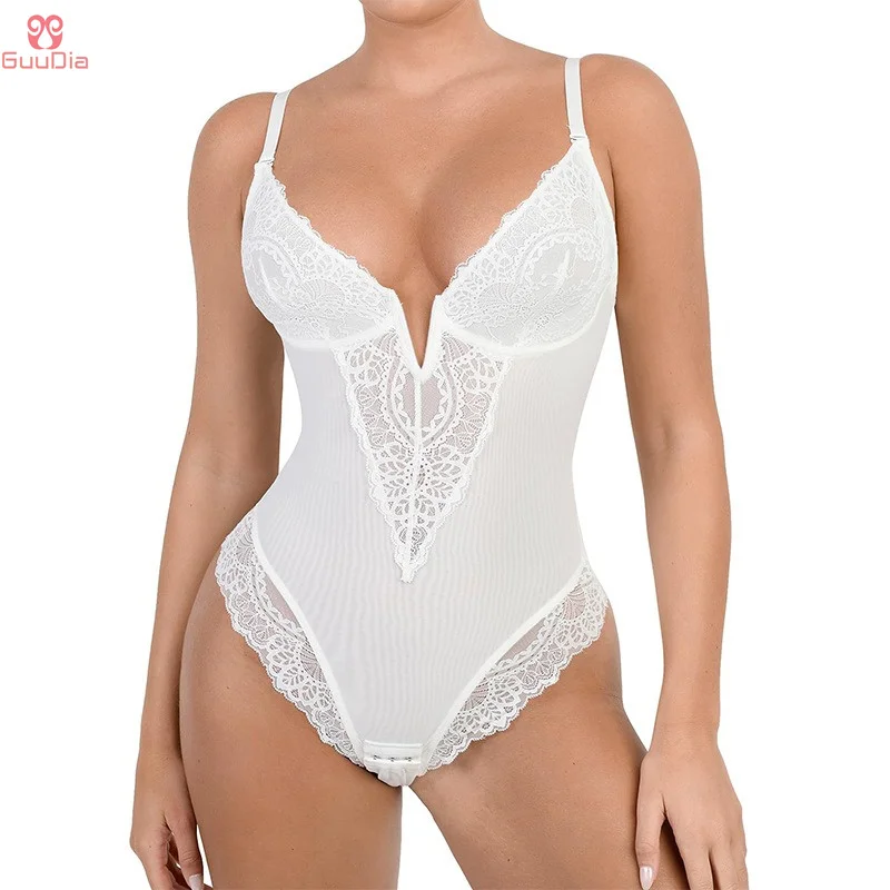 

GUUDIA Open Crotch Sexy Jacquard Lace Light Shapewear Adjustable Shoulder Straps Silky Touch Layer Bodysuits Underwire Jumpsuit