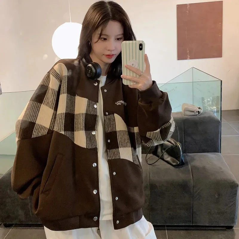 American Retro Plaid Patchwork Temperament Baseball Jacket for Women Autumn 2024 Harajuku Loose Salt Casual Jacket for Commuting