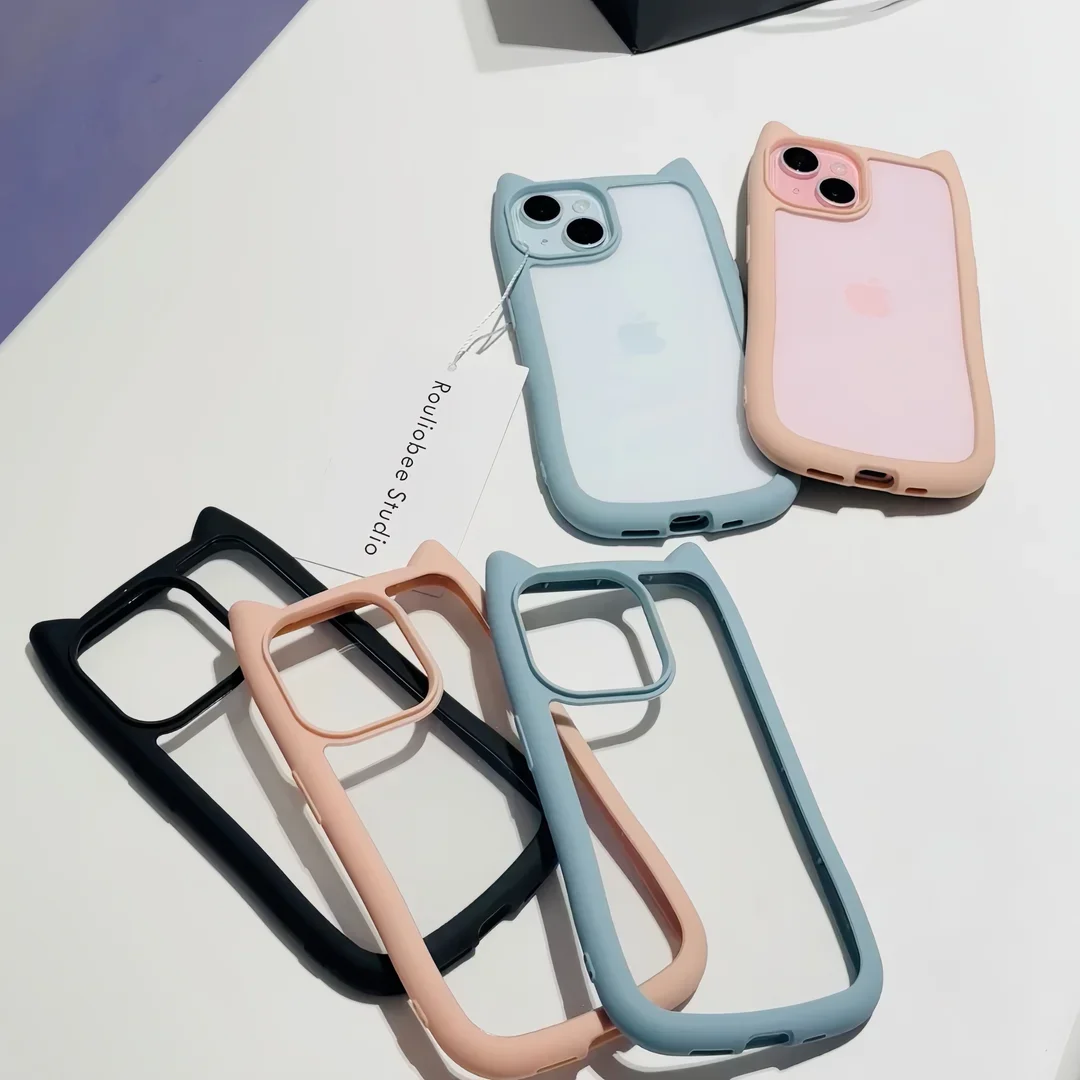 Capa de Silicone Transparente Macio para iPhone, Capa Acrílica Dura à Prova de Choque, Orelha de Gato Bonito, Kawaii Funda, 12, 13, 14, 15, 16 Pro