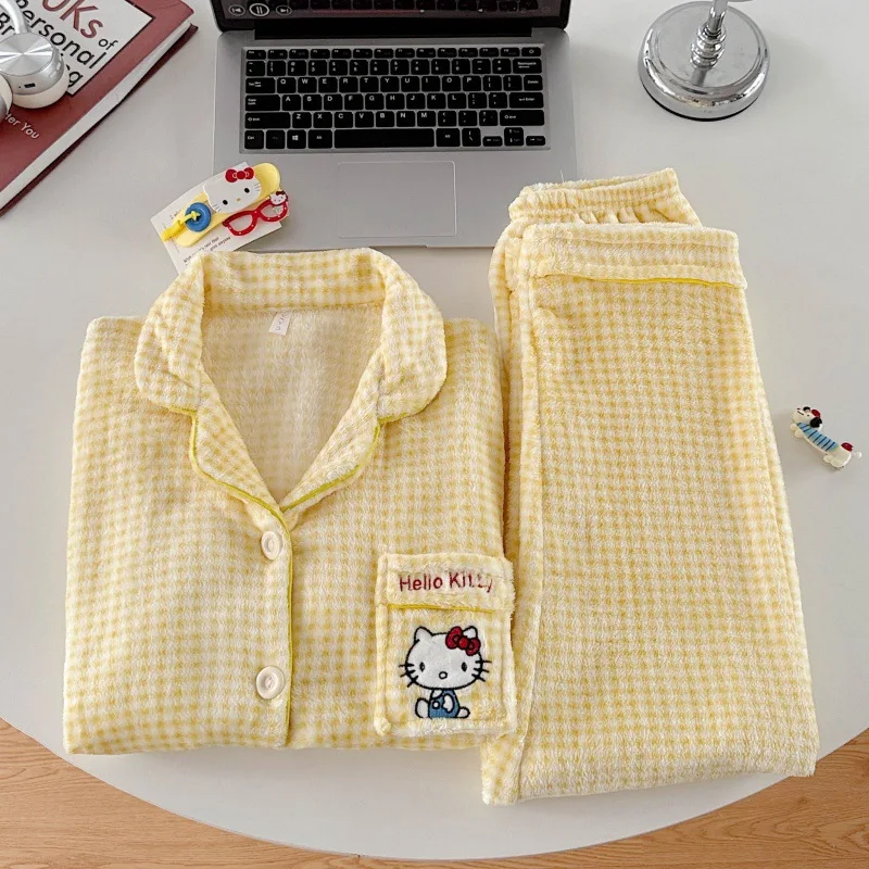 Зимний пижамный комплект с клетчатым принтом «Hello Kitty», новый пижамный костюм с героями мультфильмов, теплый корейский милый плюшевый домашний комплект Y2K, милая одежда для сна