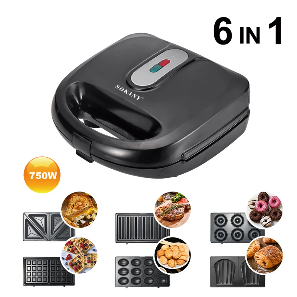 

750w Kitchen 6 In 1 Sandwich Toaster Waffle Maker Iron Toast Grill Panini EU Multifunction Doughnut Sandwich Oven Toaster