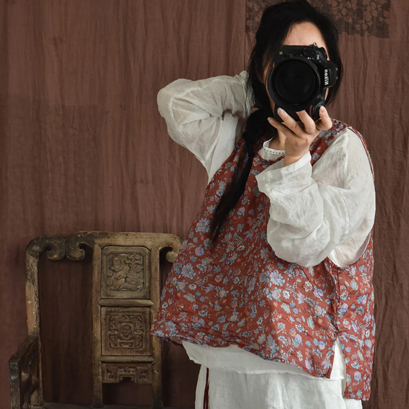 Donne Casual Ramie Canotte Nuovo Arrivo 2025 Estate Stile Cinese Vintage Stampa Floreale Allentato Gilet Femminile T-shirt M786