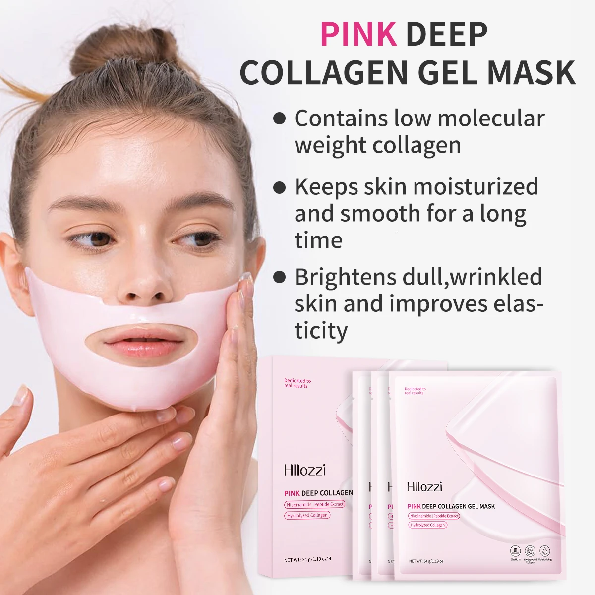 Pink collagen gel mask, suitable for night use, hydrating and moisturizing, containing collagen, making the skin glow
